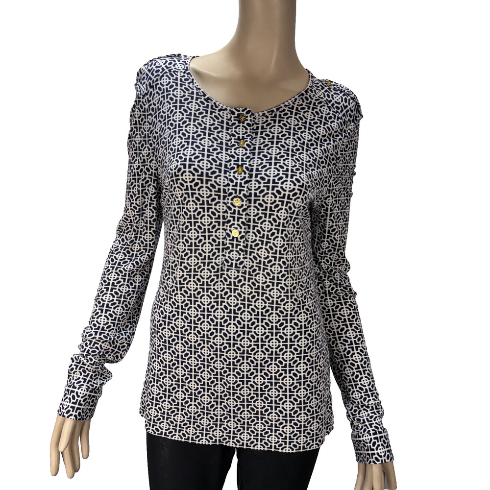 Tory Burch Geometric Print Jersey Henley Top Shirt Size L Gold Logo Buttons - Picture 1 of 9